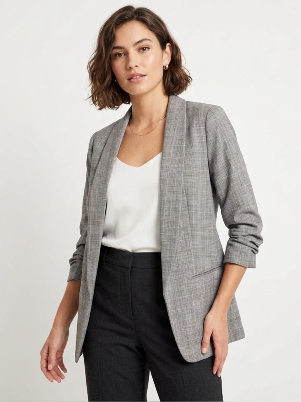 H&M Plaid Ruched Sleeve Blazer Size 6 Gray Glen Check Career Wear Minimalist